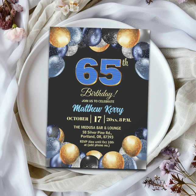 Convite Elegant Blue Silver Gold 65th Birthday Party (Criador carregado)
