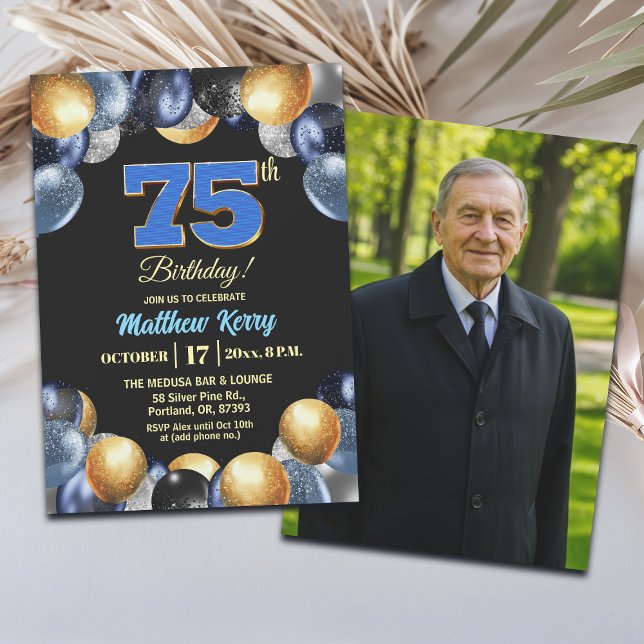 Convite Elegant Blue Silver Gold 75th Birthday Photo (Criador carregado)