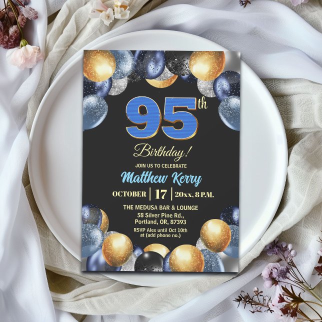 Convite Elegant Blue Silver Gold 95th Birthday Party (Criador carregado)