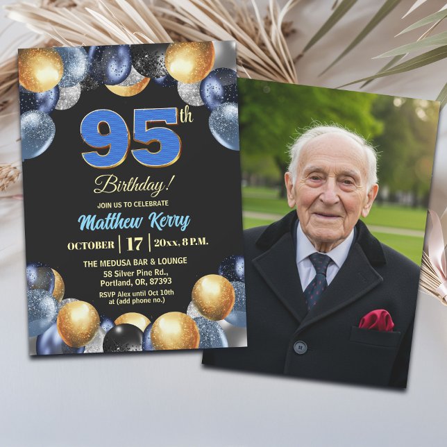 Convite Elegant Blue Silver Gold 95th Birthday Photo  (Criador carregado)