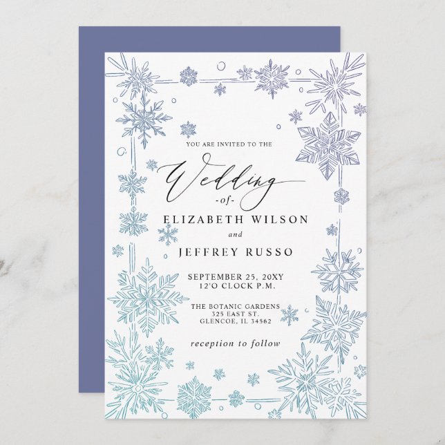 Convite Elegant Blue snowflakes Winter Wedding (Frente/Verso)