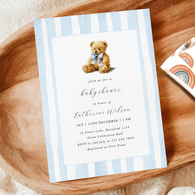 Convite Elegant Blue Stripes Teddy Bear Baby Shower  (Criador carregado)