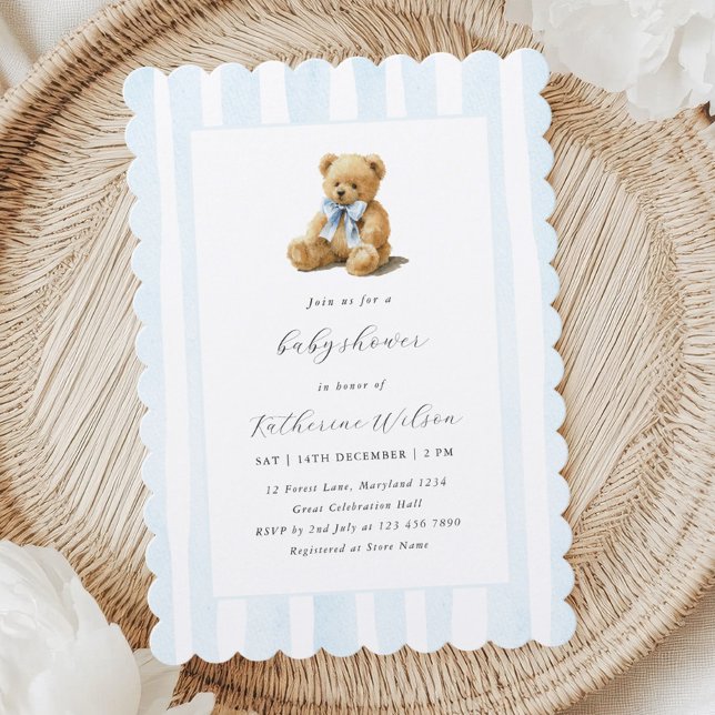 Convite Elegant Blue Stripes Teddy Bear Baby Shower  (Criador carregado)