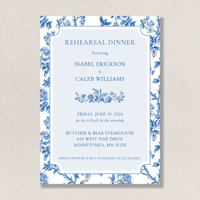 Convite Elegant Blue Toile De Jouy Rehearsal Dinner (Criador carregado)