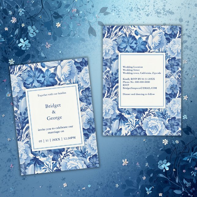 Convite Elegant Blue Toile Floral Chinoiserie Wedding (Criador carregado)