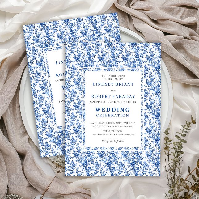 Convite Elegant Blue Toile Floral Classic Wedding Invites (Elegant Blue Toile Floral Classic Wedding Invitation)