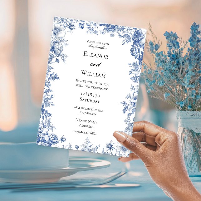 Convite Elegant Blue Toile Floral Wedding (Criador carregado)
