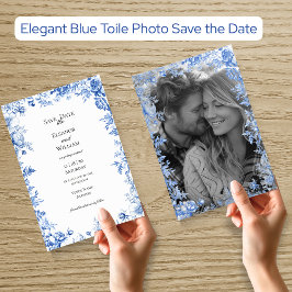 Convite Elegant Blue Toile Photo Save the Date
