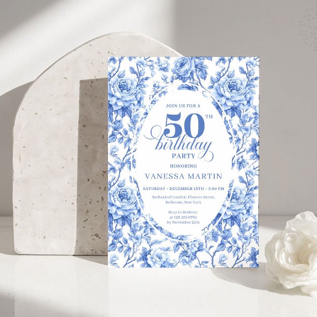 Convite Elegant Blue Toile Rose Floral 50th Birthday Invit (Elegant Blue Toile Rose Floral 50th Birthday Invitation)