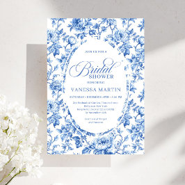 Convite Elegant Blue Toile Rose Floral Bridal Shower Invit