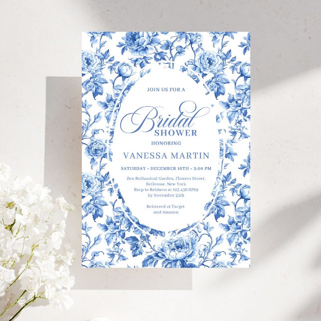 Convite Elegant Blue Toile Rose Floral Bridal Shower Invit (Elegant Blue Toile Rose Floral Bridal Shower Invitation)