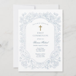 Convite Elegant Blue Traditional First Communion 
