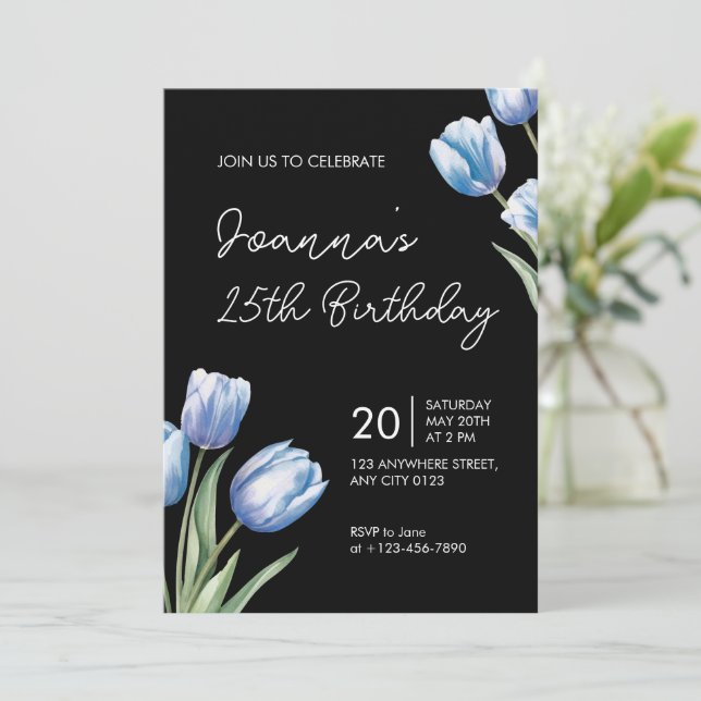Convite Elegant Blue Tulip Birthday Party Invitation (Em pé/Frente)