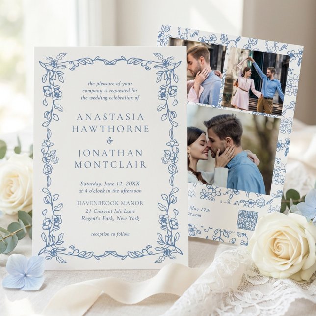 Convite Elegant Blue Victorian Photo QR Code RSVP Wedding (Criador carregado)