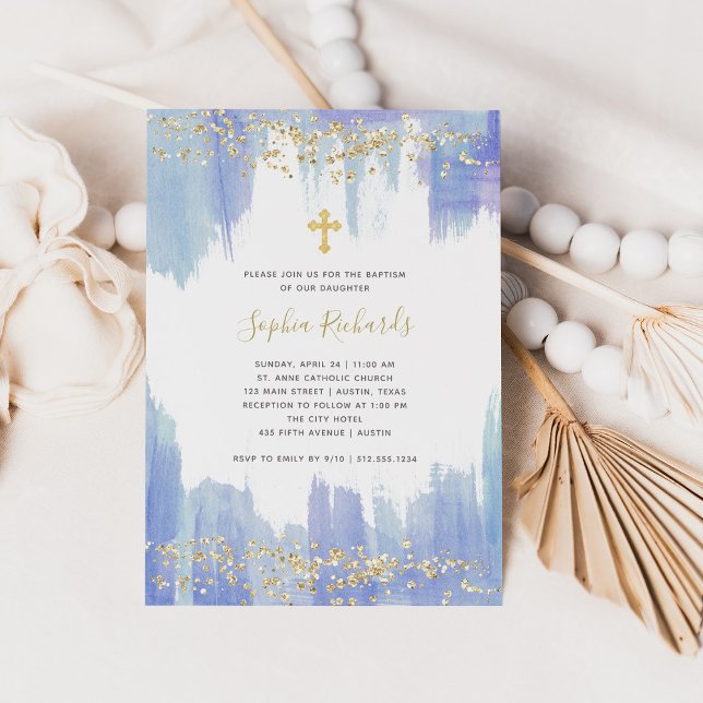 Convite Elegant Blue Watercolor and Gold | Baptism (Criador carregado)