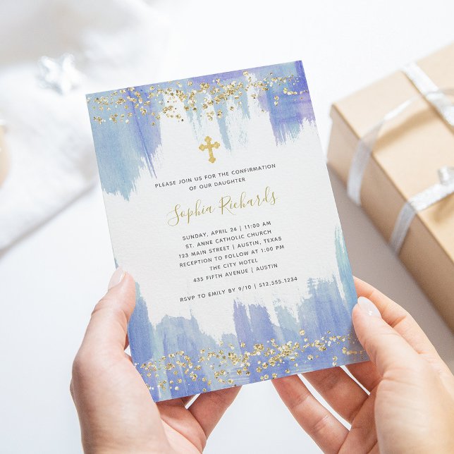 Convite Elegant Blue Watercolor and Gold | Confirmation (Criador carregado)