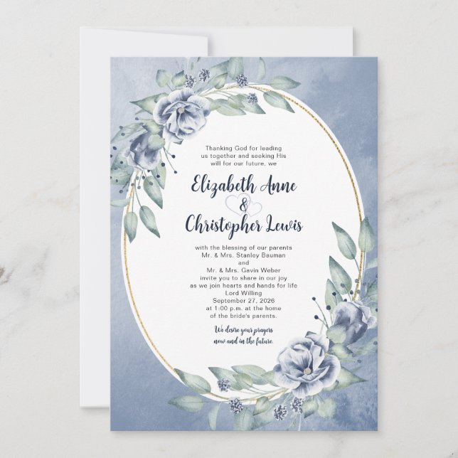 Convite Elegant Blue Watercolor Floral Oval Frame Wedding (Frente)