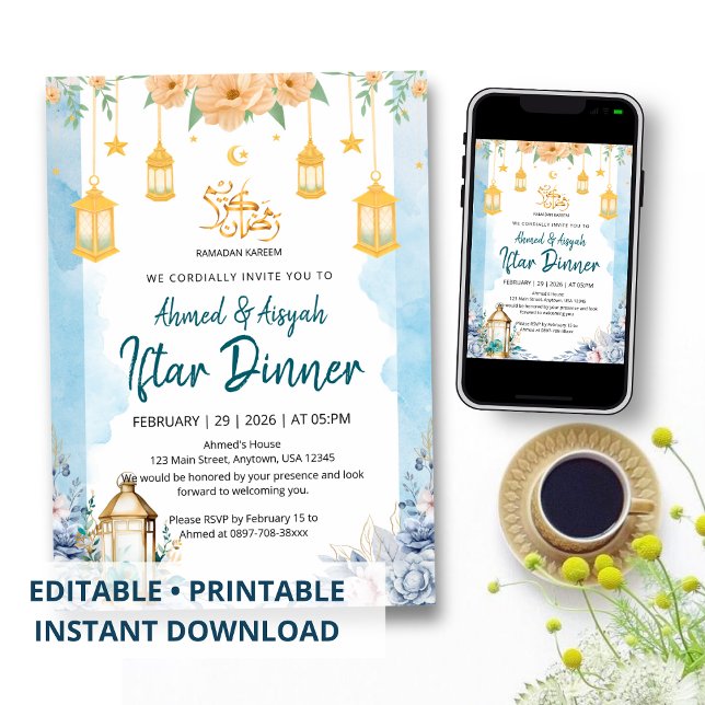 Convite Elegant Blue Watercolor Floral Ramadan Iftar (Criador carregado)