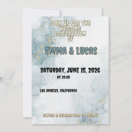 Convite Elegant Blue Watercolor & Gold Wedding Invitation