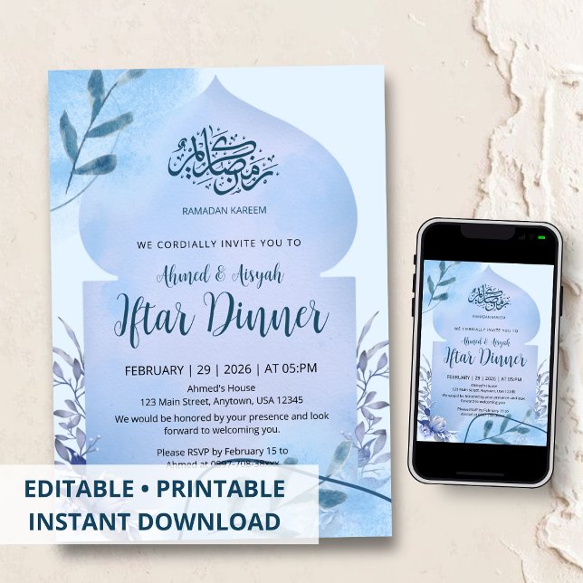 Convite Elegant Blue Watercolor Islamic Iftar Dinner (Criador carregado)