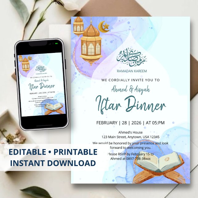 Convite Elegant Blue Watercolor Ramadan Iftar Dinner (Criador carregado)