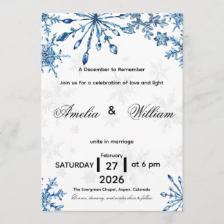 Convite Elegant Blue Watercolor Snowflake Wedding Invite