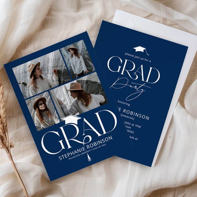 Convite Elegant Blue & White 4 Photo Graduation Party (Criador carregado)