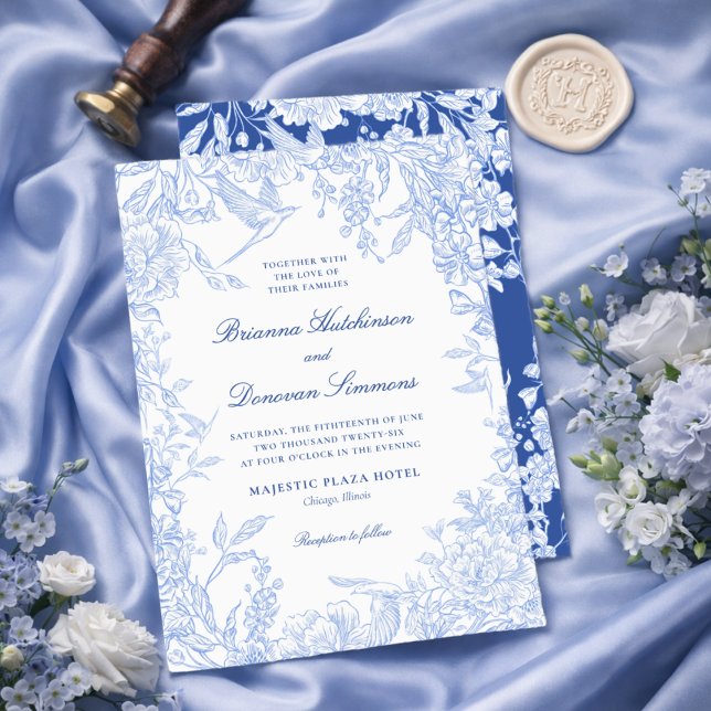 Convite Elegant Blue & White Botanical Bird Wedding  (Criador carregado)