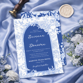 Convite Elegant Blue & White Botanical Bird Wedding