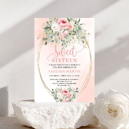 Convite Elegant Blush and Gold Floral Sweet Sixteen Invite