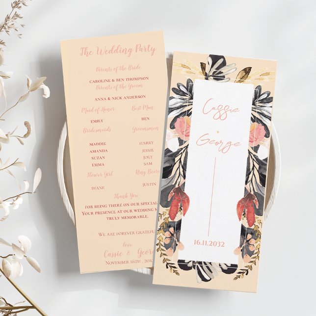 Convite Elegant Blush & Black Floral Wedding Program Card (Elegant Blush & Black Floral Wedding Program Card)