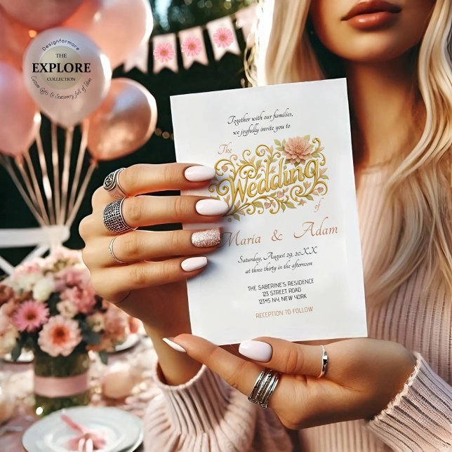 Convite Elegant Blush Dahlias Golden Script Wedding (Criador carregado)