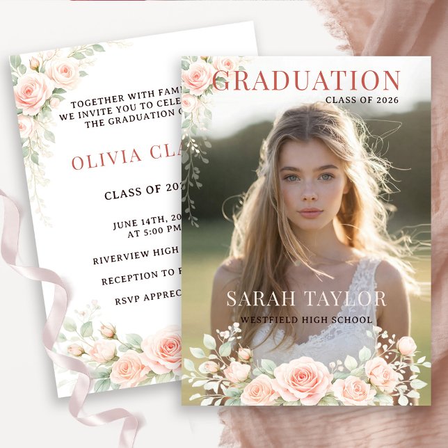 Convite Elegant Blush Floral Graduation Photo (Criador carregado)