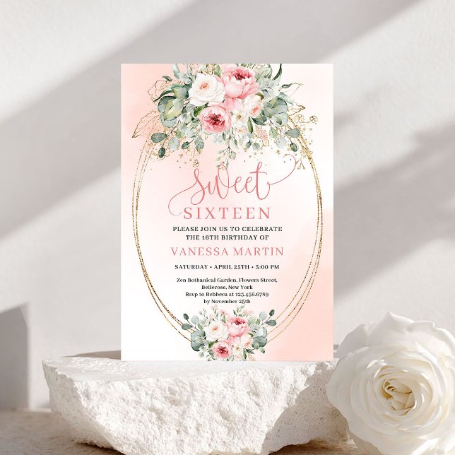 Convite Elegant Blush Floral Sweet Sixteen Celebration  (Elegant Blush Floral Sweet Sixteen Celebration Invite)