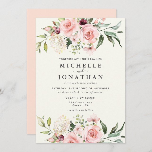 Convite Elegant Blush Floral Wedding Invitation - Cream (Frente/Verso)
