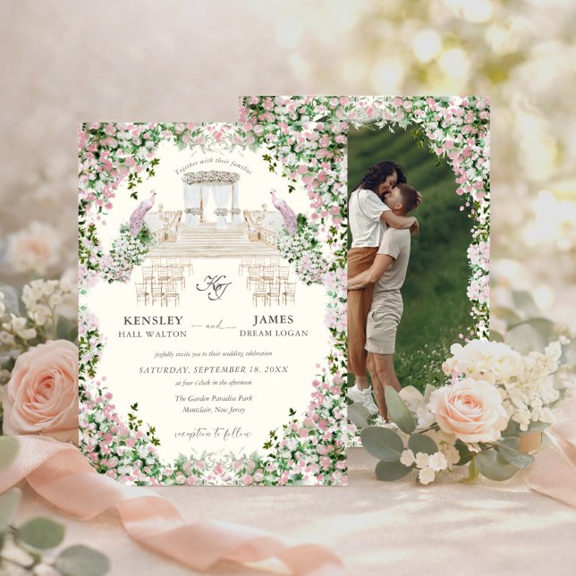 Convite Elegant Blush Garden with Photo Wedding  (Criador carregado)