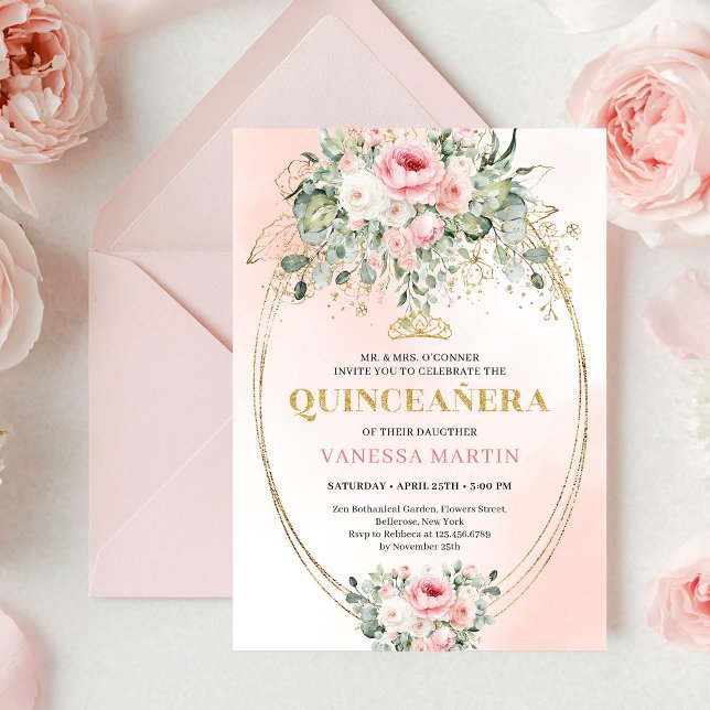 Convite Elegant Blush & Gold Boho Quinceañera Floral Invit (Elegant Blush & Gold Boho Quinceañera Floral Invite)