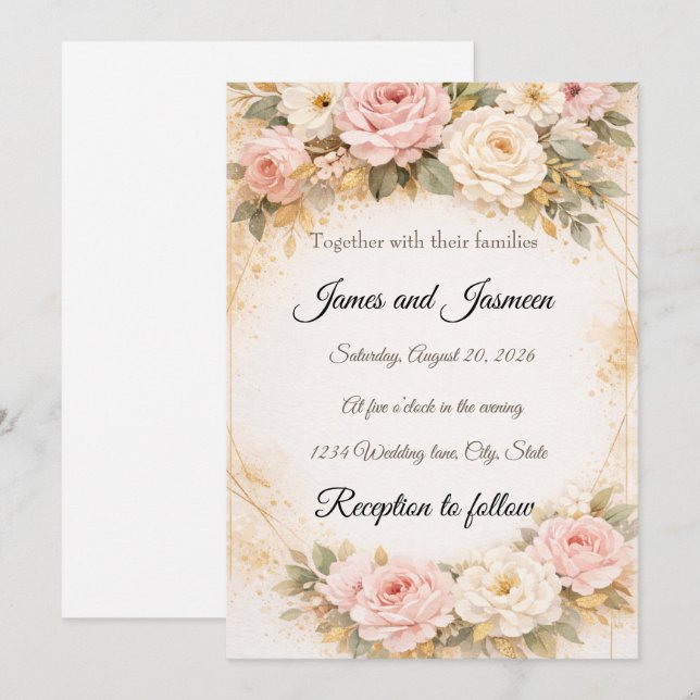 Convite Elegant Blush & Gold Floral Wedding Invitation (Frente/Verso)