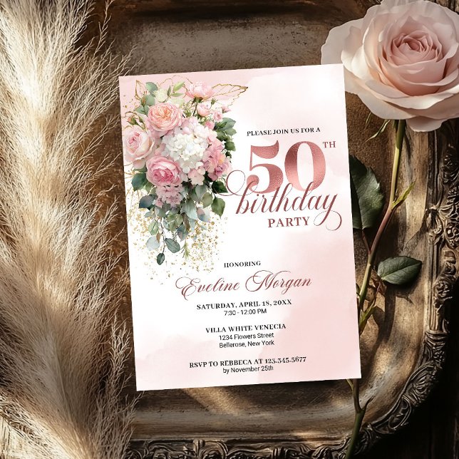 Convite Elegant Blush Greenery Rose Gold 50th Birthday  (Elegant Blush Greenery Rose Gold 50th Birthday Invite)