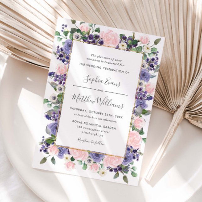 Convite Elegant Blush & Lavender Floral Gold Wedding  (Elegant Blush & Lavender Floral Wedding Invitation)