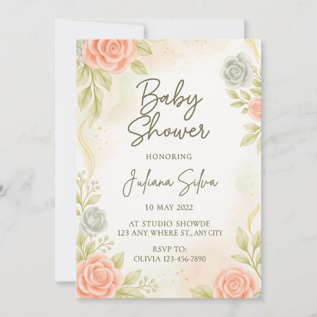 Convite Elegant Blush Peach Floral Baby Shower Invitation  (Frente)