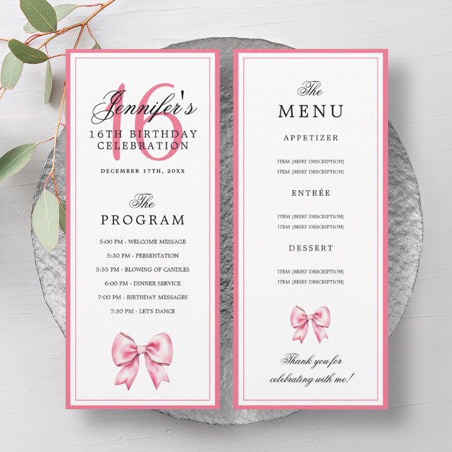 Convite Elegant Blush Pink Bow 16th Birthday Program Menu  (Elegant Blush Pink Bow 16th Birthday Program Menu)