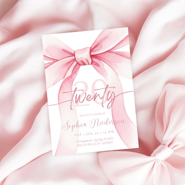 Convite Elegant Blush Pink Bow 20th Birthday (Criador carregado)