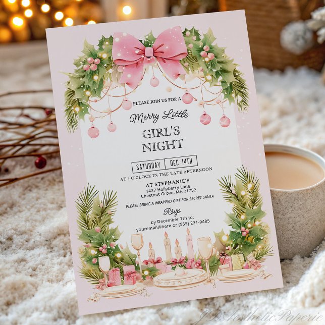 Convite Elegant Blush Pink Bow Christmas Girls Night  (Criador carregado)