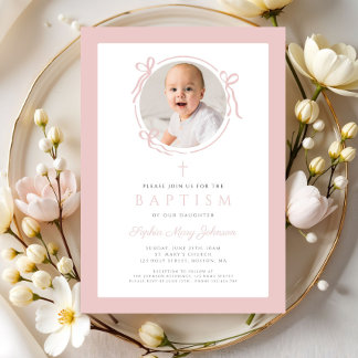Convite Elegant Blush Pink Bow Photo Baptism