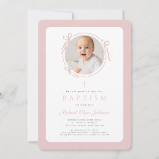 Convite Elegant Blush Pink Bow Photo Girl Baptism