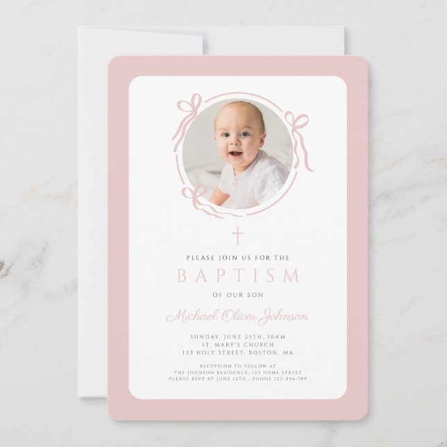 Convite Elegant Blush Pink Bow Photo Girl Baptism (Frente)