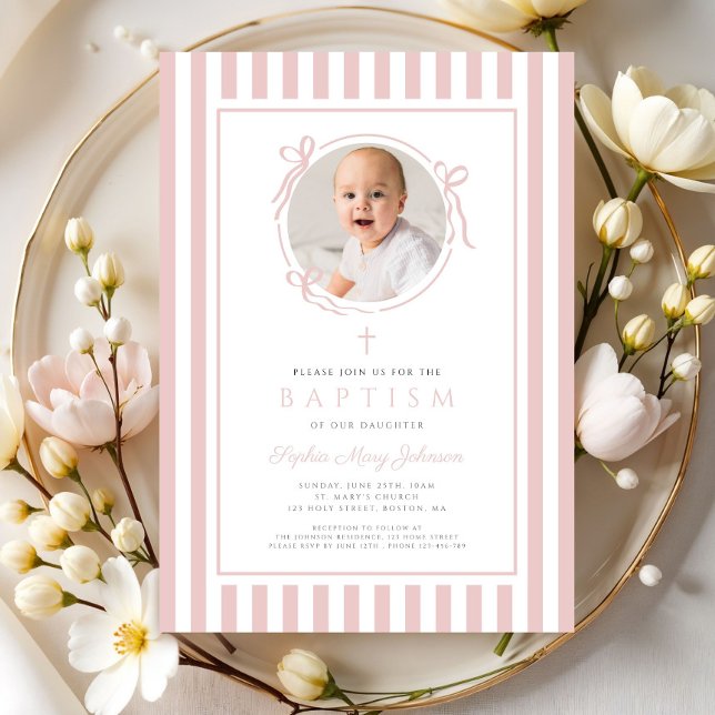 Convite Elegant Blush Pink Bow Photo Girl Baptism (Elegant Blush Pink Bow Photo Girl Baptism Invitation)