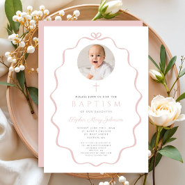 Convite Elegant Blush Pink Bow Photo Girl Baptism