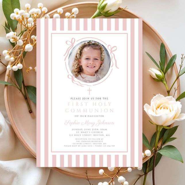 Convite Elegant Blush Pink Bow Photo Girl First Communion (Elegant Blush Pink Bow Photo Girl First Communion Invitation)